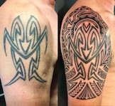 Cover-Up Tatoo im Maori Style, vorher und nachher.